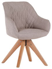 Beiger Armlehnstuhl mit gepolsterter Sitzfläche und Rückenlehne, auf einem hölzernen Vierbein-Gestell. Seitenansicht.