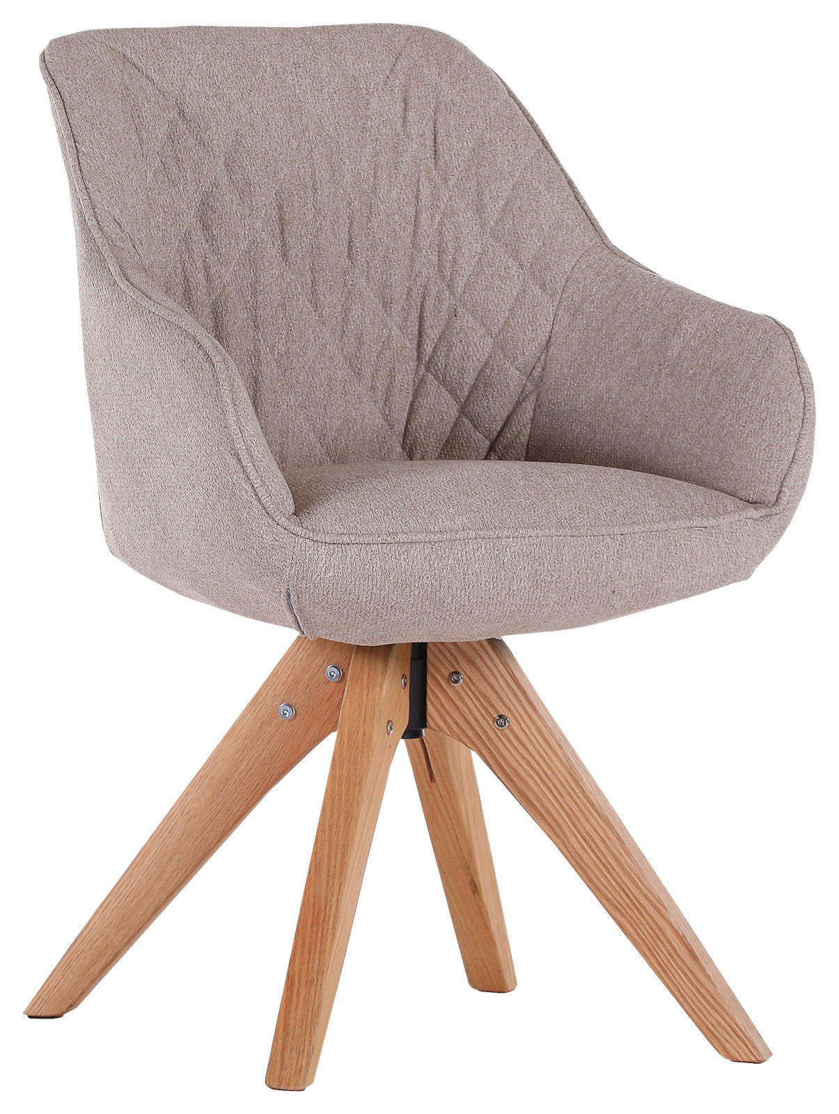 Beiger Armlehnstuhl mit gepolsterter Sitzfläche und Rückenlehne, auf einem hölzernen Vierbein-Gestell. Seitenansicht.