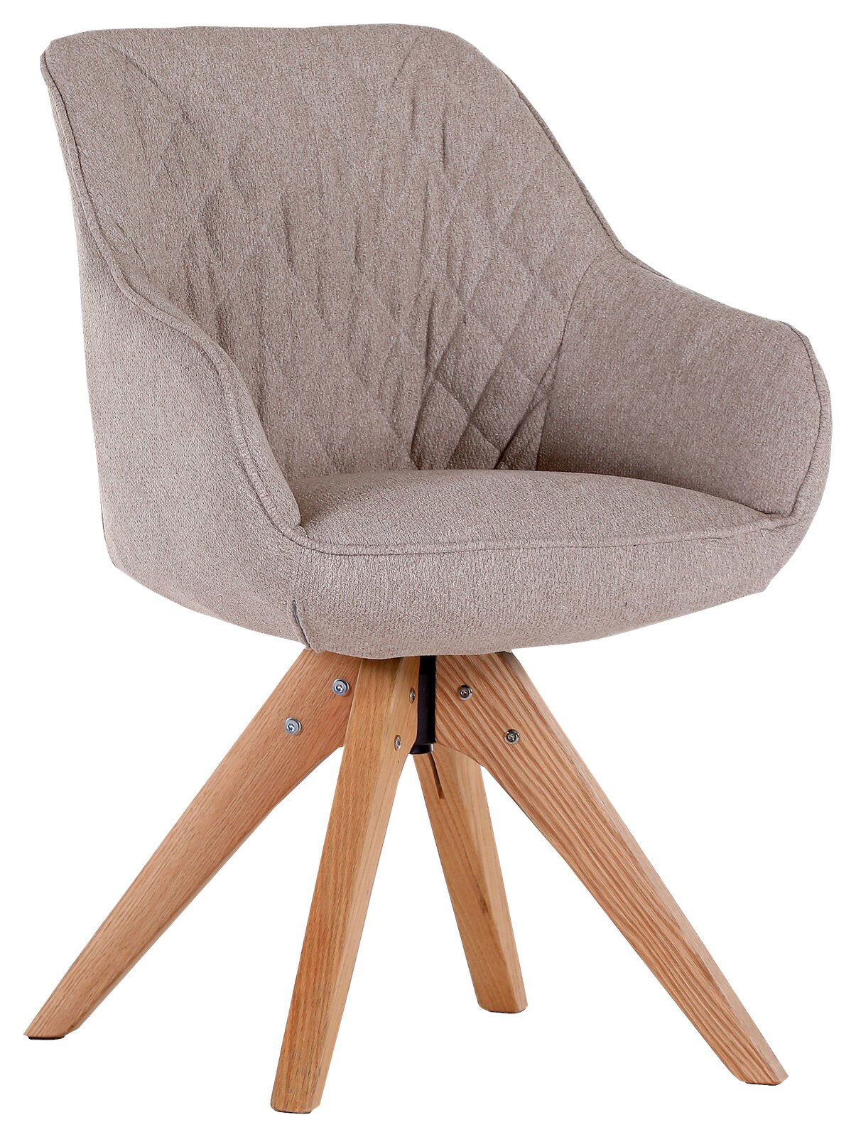 Beiger Armlehnstuhl mit gepolsterter Sitzfläche und Rückenlehne, auf einem hölzernen Vierbein-Gestell. Seitenansicht.