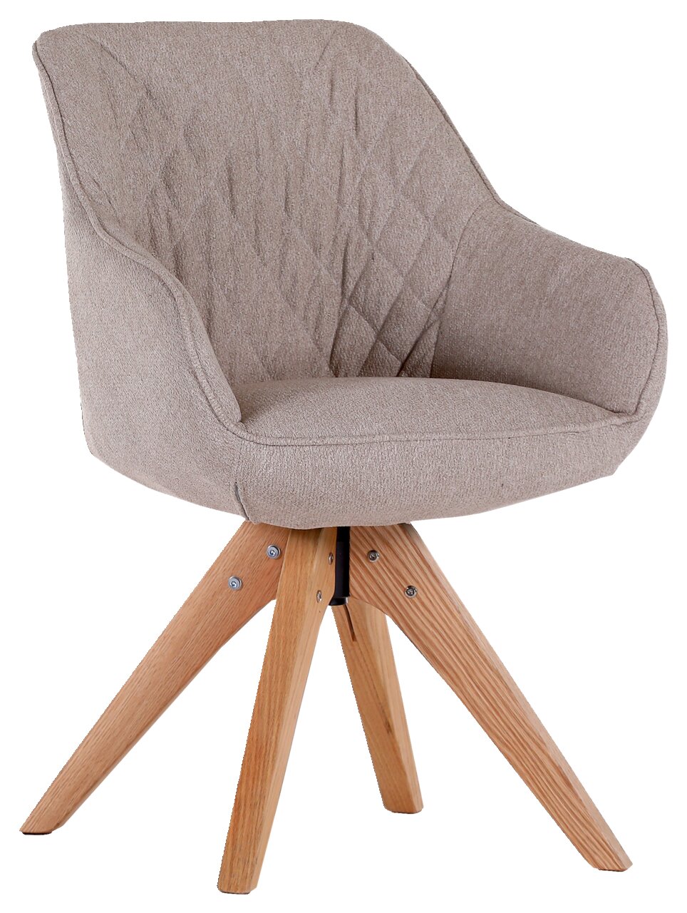 Beiger Armlehnstuhl mit gepolsterter Sitzfläche und Rückenlehne, auf einem hölzernen Vierbein-Gestell. Seitenansicht.