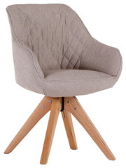 Beiger Armlehnstuhl mit gepolsterter Sitzfläche und Rückenlehne, auf einem hölzernen Vierbein-Gestell. Seitenansicht.