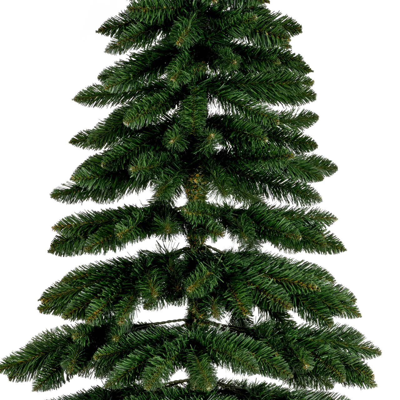 Künstlicher Tannenbaum aus der Perspektive von vorne, mit dichten, grünen Zweigen, Modell Tora Kiefer, Höhe 210 cm.