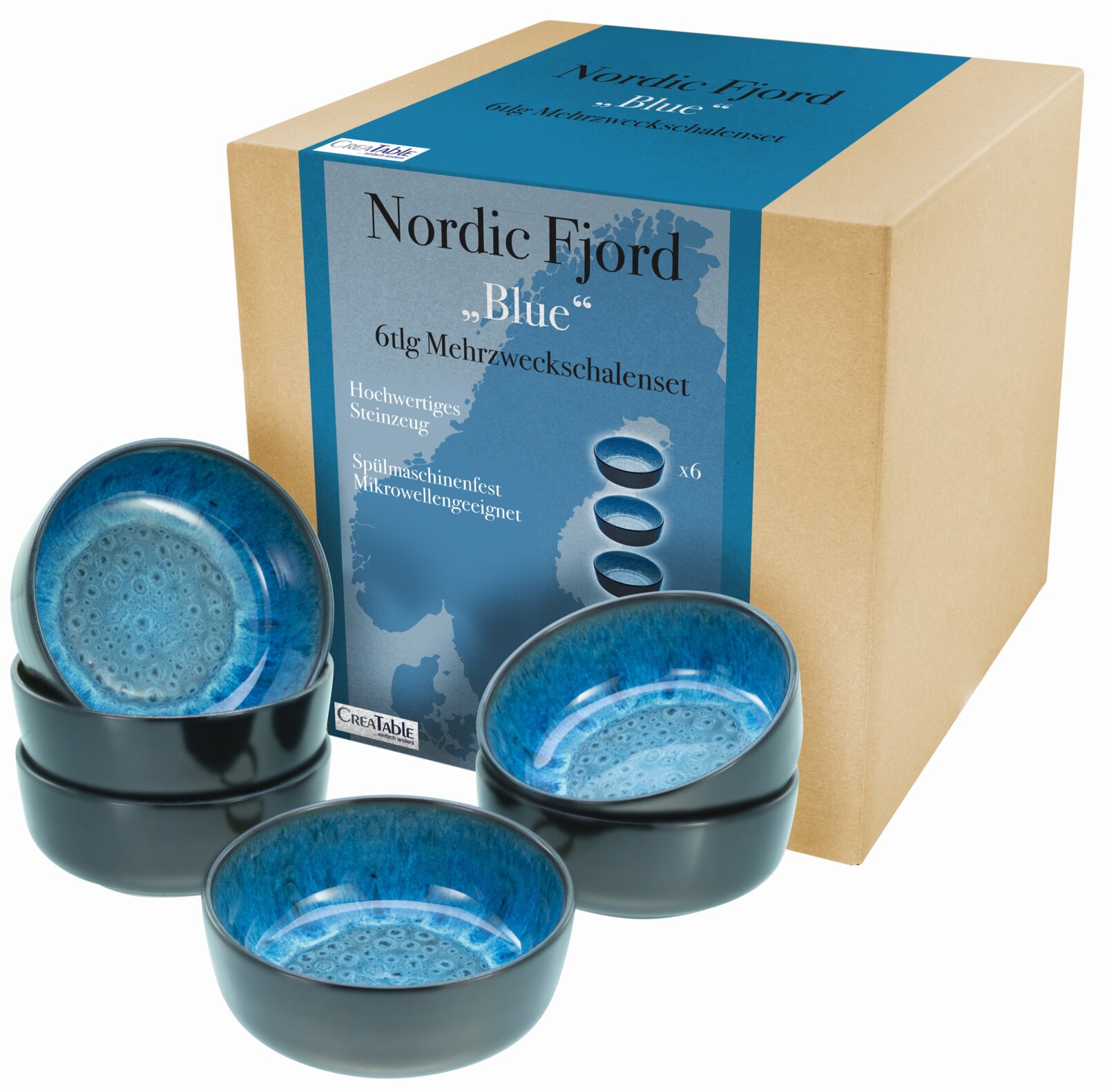 Schräg von vorn oben fotografiertes 6-teiliges Mehrzweck-Schalenset „Nordic Fjord Blue“ aus hochwertigem Steinzeug mit blau glasierter Innenfläche und dunkler Außenfläche, inklusive Verpackungsbox spülmaschinenfest und mikrowellengeeignet.