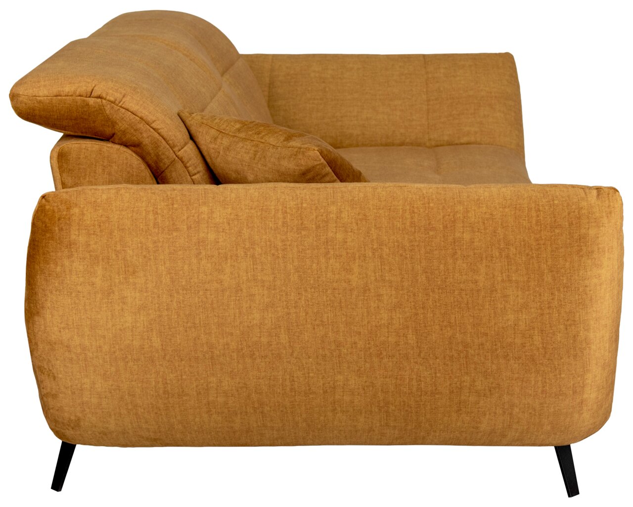 Z2 Sofa 2,5-Sitzer SALVATORE Senfgelbes Stoffsofa mit breiter Armlehne, Rücken- und Zierkissen sowie schwarzen Metallfüßen, Seitenansicht von links