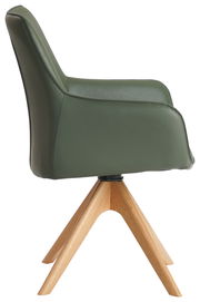 Seitenansicht eines grünen Armlehnstuhls mit Holzbeinen