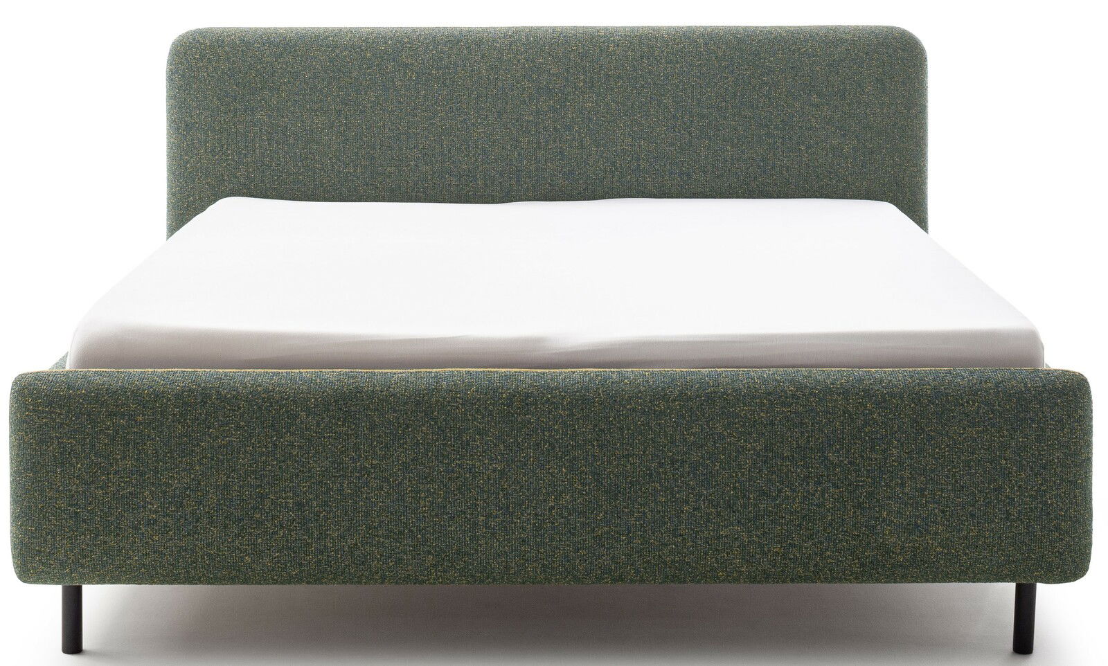 Frontale Ansicht eines Polsterbetts in Grün mit schlichtem Design und schwarzen Beinen.