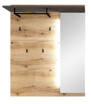 Vorderansicht eines XL-Garderobenpaneels aus Holz mit mehreren Haken, einer Ablage und einem großen Spiegel auf der rechten Seite.