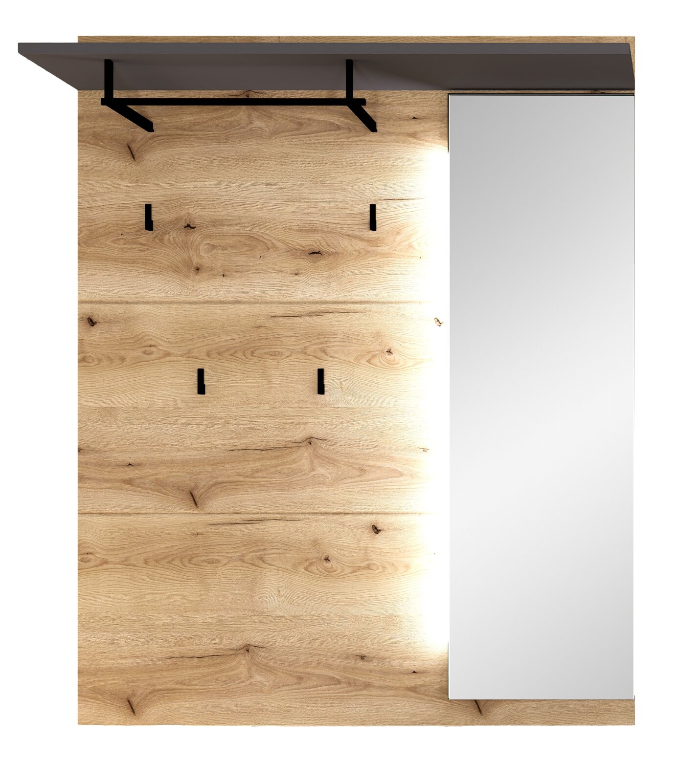 Vooraanzicht van een XL-garderobepaneel van hout met meerdere haken, een plank en een grote spiegel aan de rechterkant.