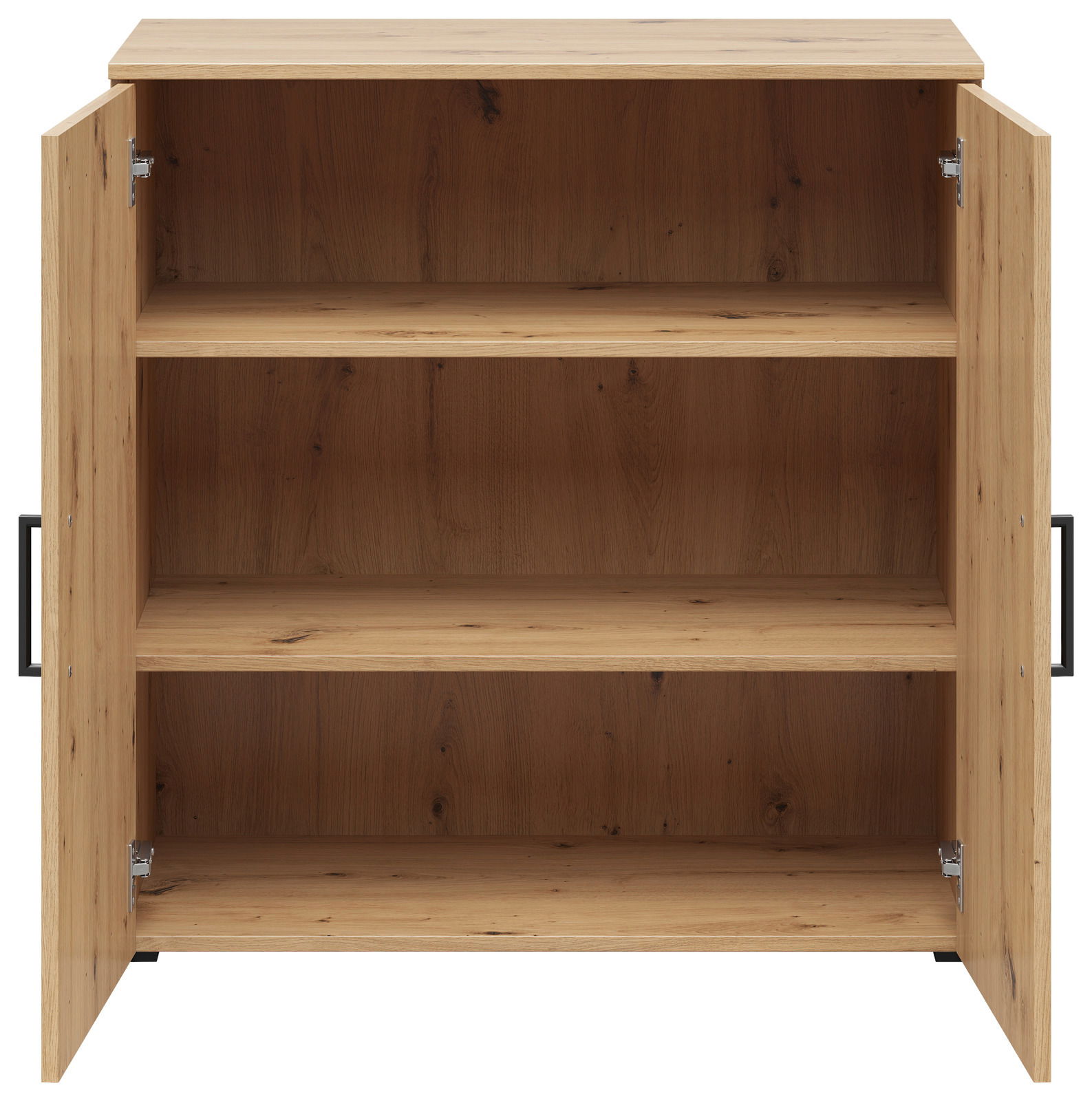 Kommode aus Holz mit geöffneter Doppeltür, drei Regalböden, frontale Ansicht