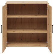 Kommode aus Holz mit geöffneter Doppeltür, drei Regalböden, frontale Ansicht