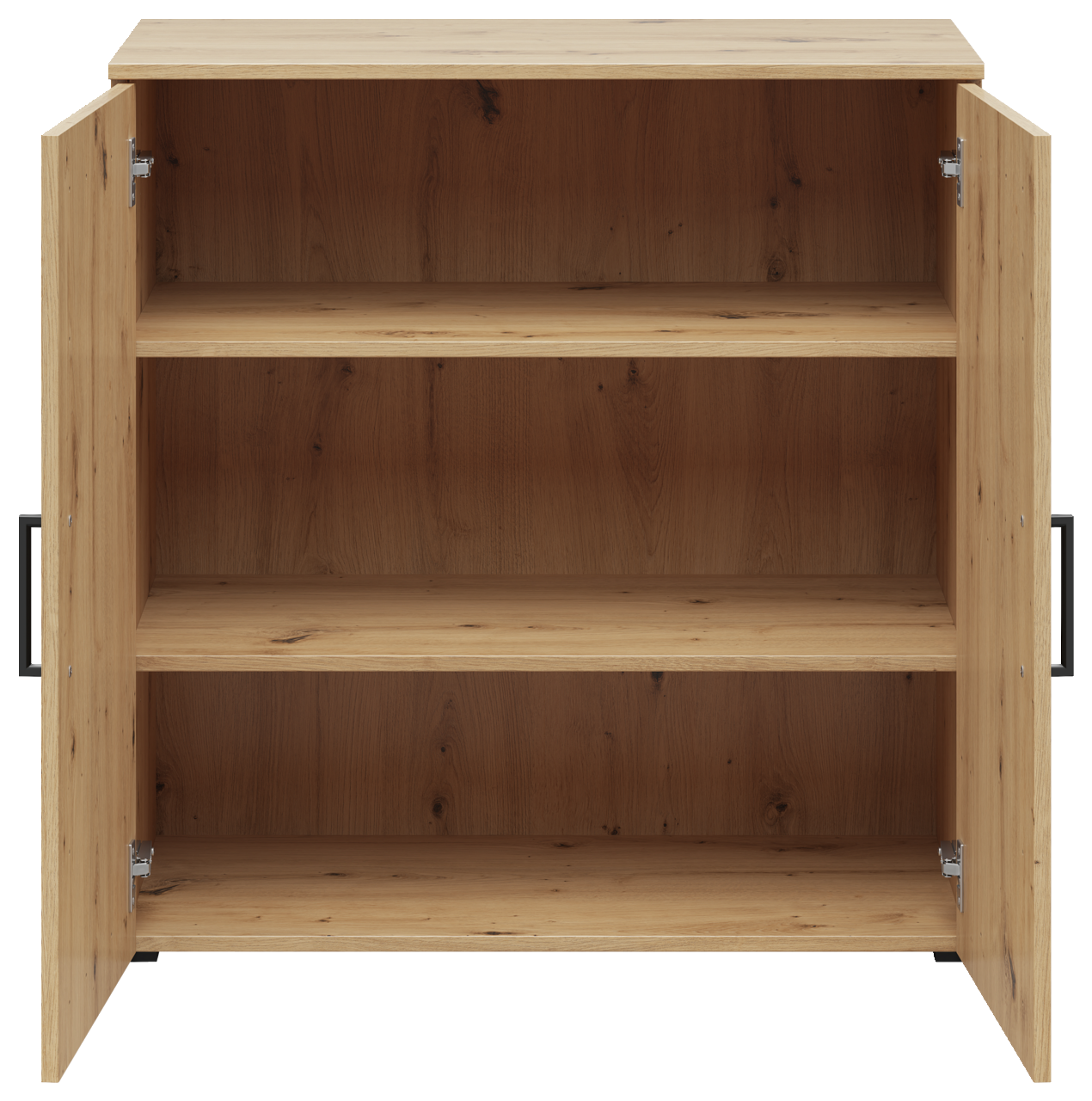 Kommode aus Holz mit geöffneter Doppeltür, drei Regalböden, frontale Ansicht