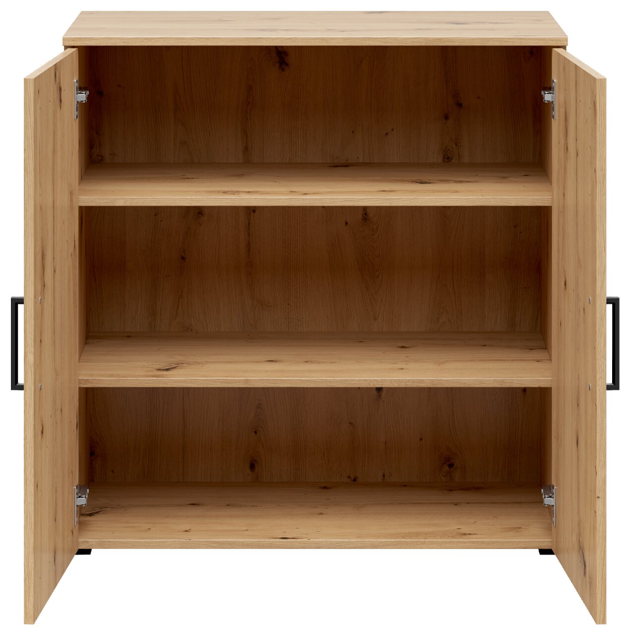 Kommode aus Holz mit geöffneter Doppeltür, drei Regalböden, frontale Ansicht