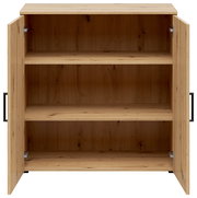 Kommode aus Holz mit geöffneter Doppeltür, drei Regalböden, frontale Ansicht