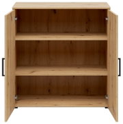 Kommode aus Holz mit geöffneter Doppeltür, drei Regalböden, frontale Ansicht
