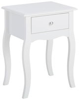 Weiße Nachtkonsole mit einer Schublade und geschwungenen Beinen, seitliche Perspektive