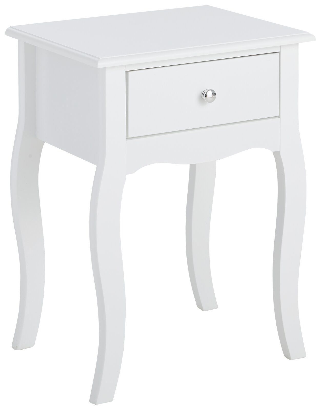 Weiße Nachtkonsole mit einer Schublade und geschwungenen Beinen, seitliche Perspektive