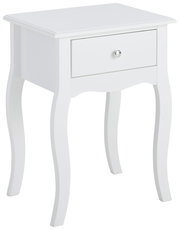 Weiße Nachtkonsole mit einer Schublade und geschwungenen Beinen, seitliche Perspektive