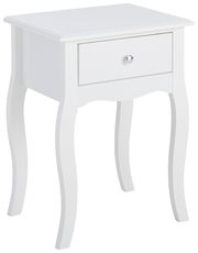 Weiße Nachtkonsole mit einer Schublade und geschwungenen Beinen, seitliche Perspektive