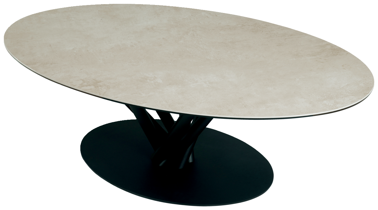 Moderner ovaler Couchtisch mit heller Tischplatte und schwarzem, skulpturalem Untergestell, seitliche Perspektive