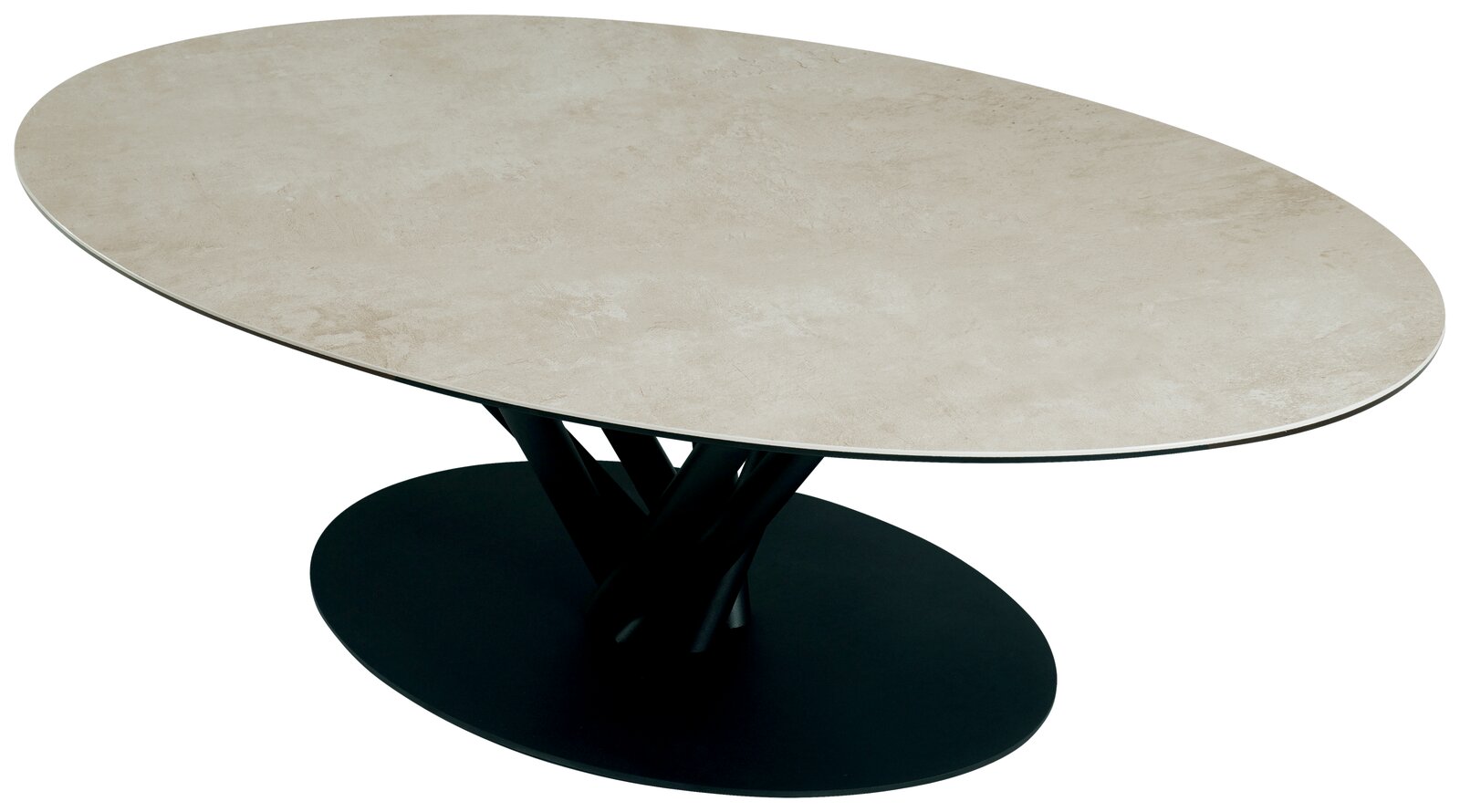 Moderner ovaler Couchtisch mit heller Tischplatte und schwarzem, skulpturalem Untergestell, seitliche Perspektive