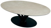 Moderne ovale salontafel met een lichtgekleurd tafelblad en een zwart, sculpturaal onderstel, gezien vanaf de zijkant