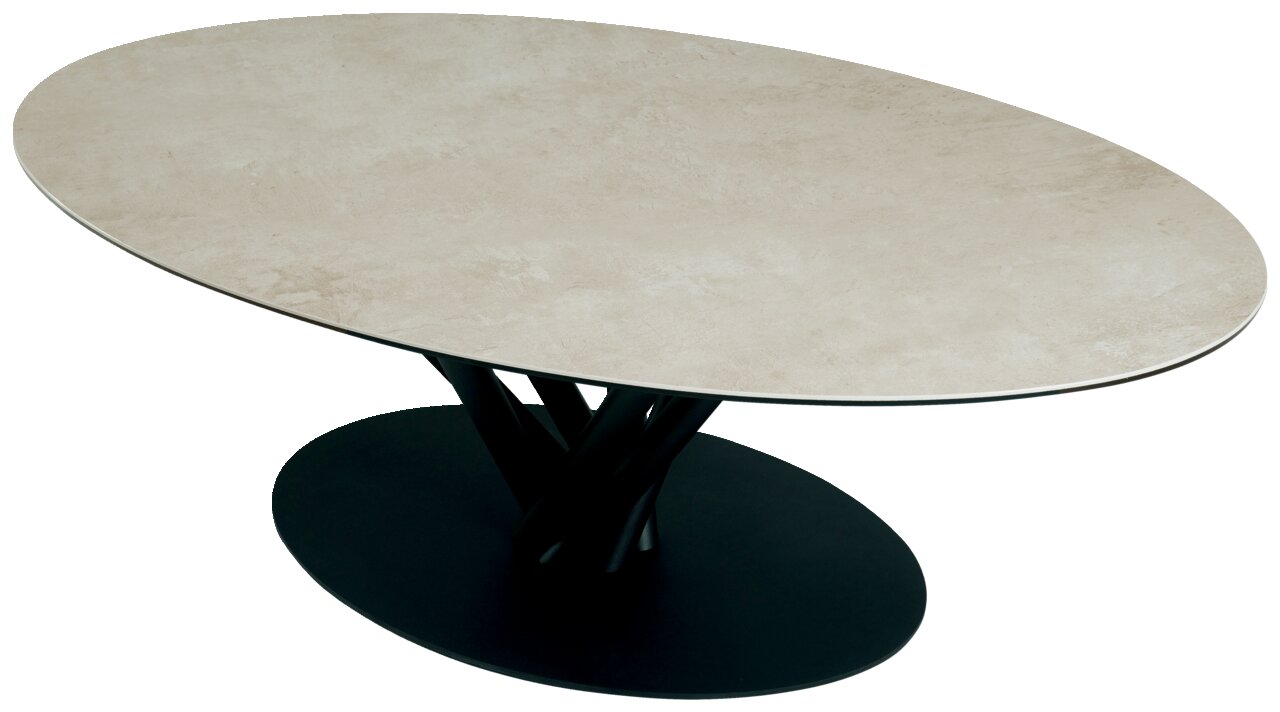 Moderne ovale salontafel met een lichtgekleurd tafelblad en een zwart, sculpturaal onderstel, gezien vanaf de zijkant