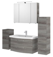 Moderner Badblock in Holzoptik mit Waschbecken, Spiegelschrank und Stauraum, Frontalansicht