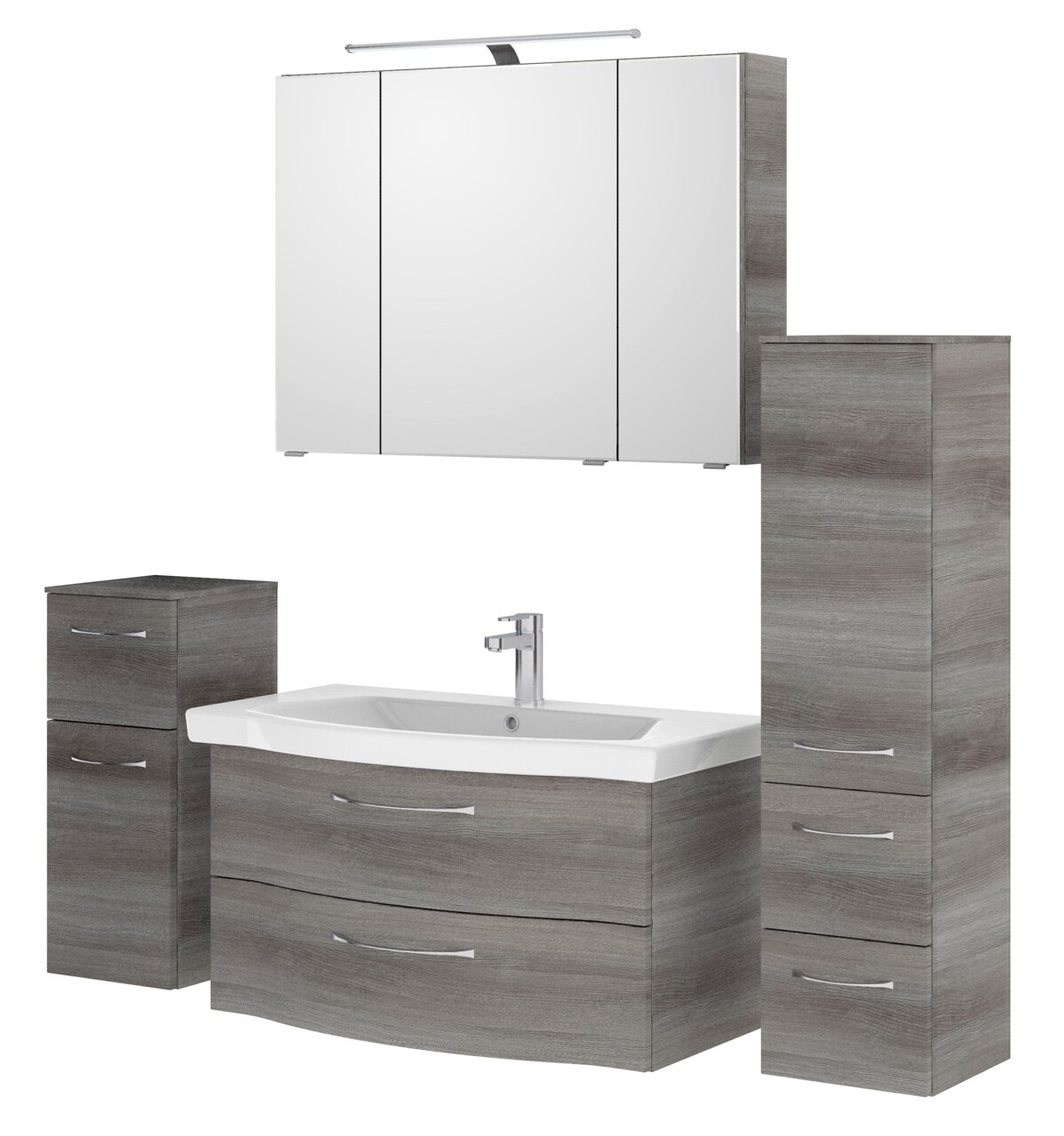 Moderner Badblock in Holzoptik mit Waschbecken, Spiegelschrank und Stauraum, Frontalansicht