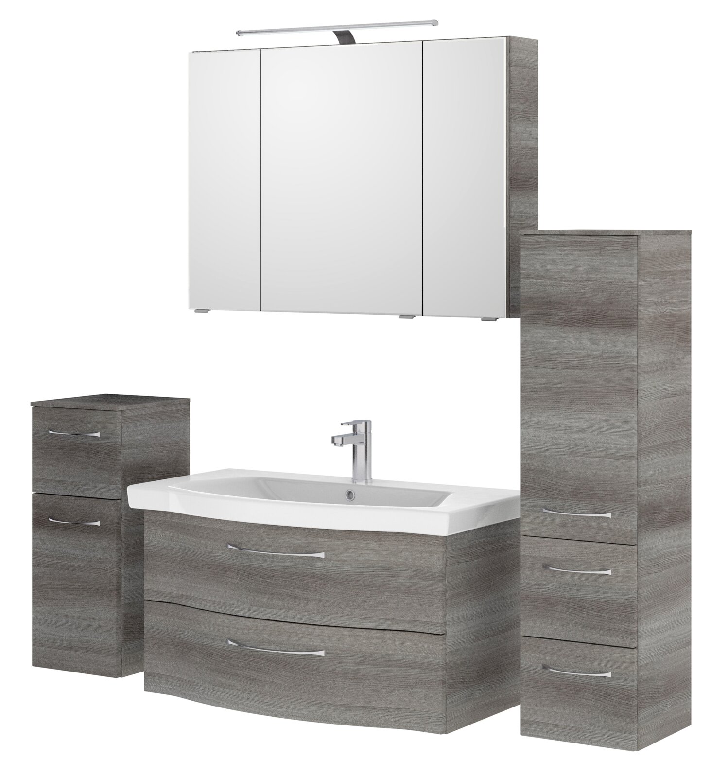 Moderner Badblock in Holzoptik mit Waschbecken, Spiegelschrank und Stauraum, Frontalansicht