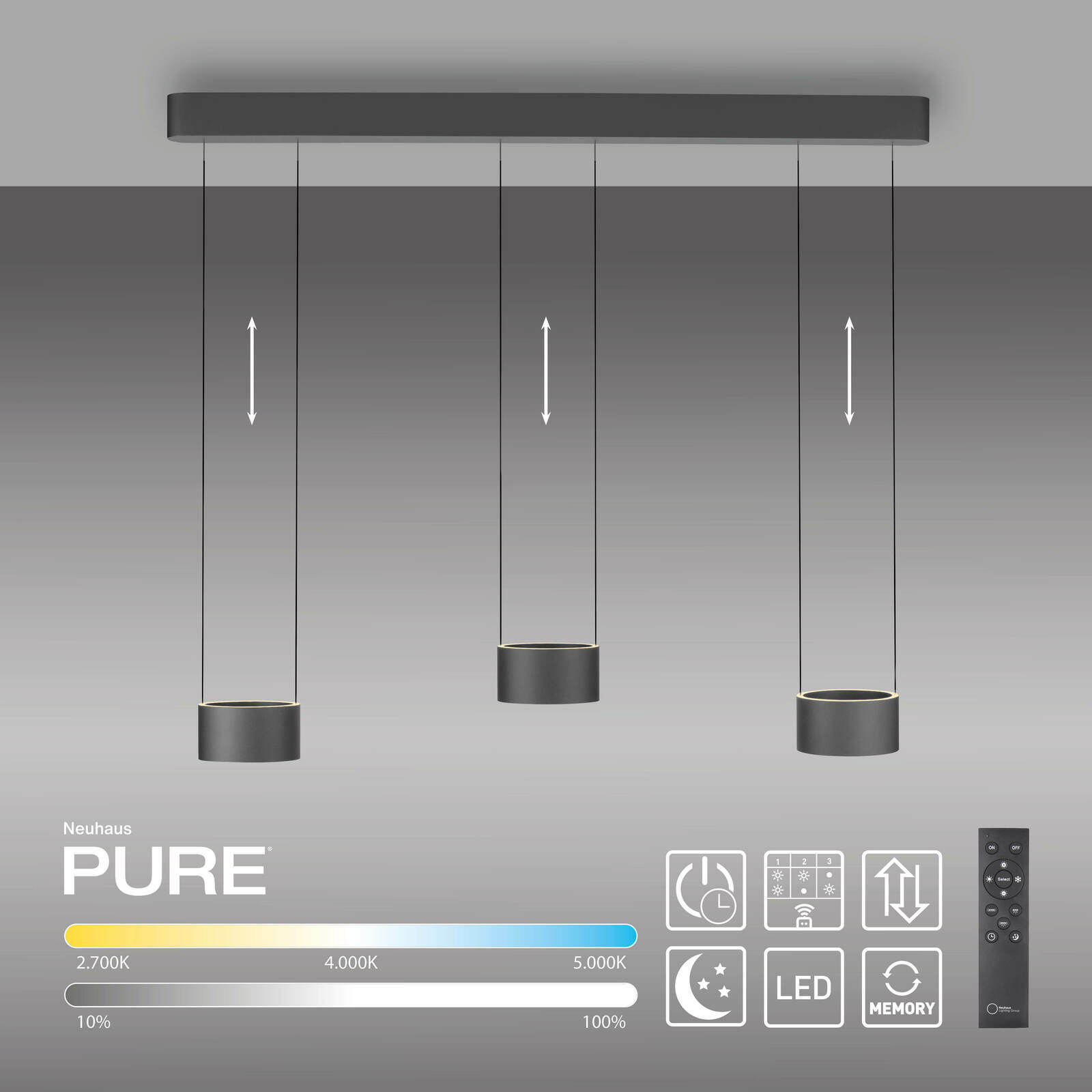 Moderne LED-Pendelleuchte mit drei zylindrischen Lampen, von der Seite betrachtet, mit einstellbarer Farbtemperatur und Helligkeit, inklusive Fernbedienung.