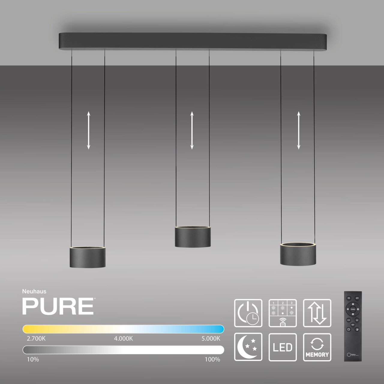 Moderne LED-Pendelleuchte mit drei zylindrischen Lampen, von der Seite betrachtet, mit einstellbarer Farbtemperatur und Helligkeit, inklusive Fernbedienung.