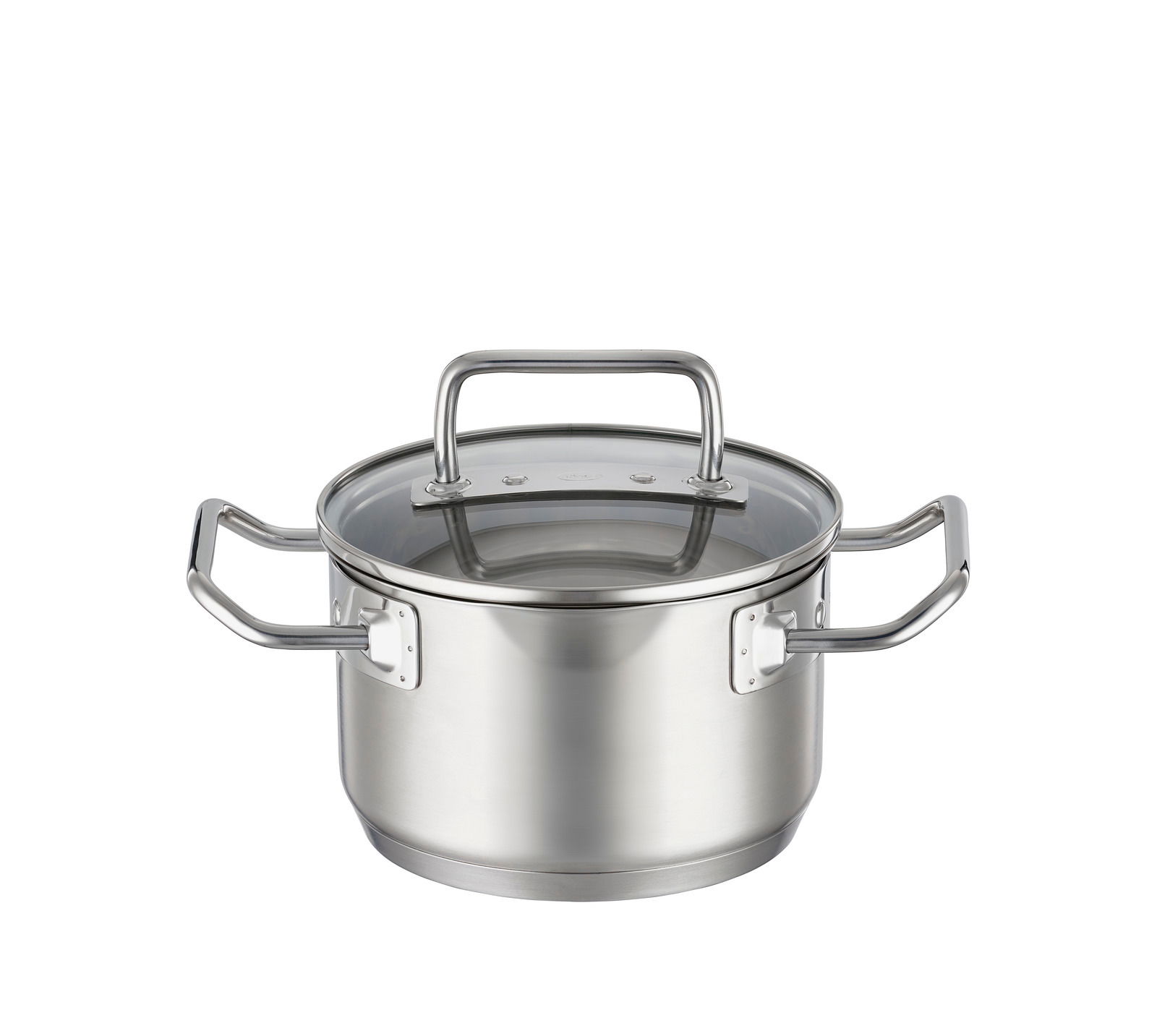 Edelstahl-Kochtopf Expertiso 16cm mit Glasdeckel, seitliche Perspektive