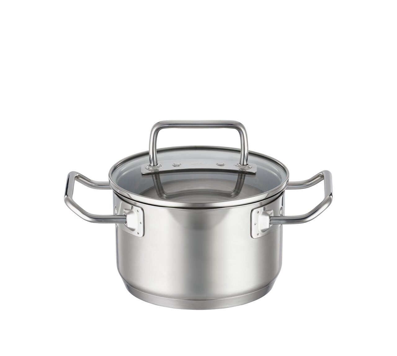 Edelstahl-Kochtopf Expertiso 16cm mit Glasdeckel, seitliche Perspektive
