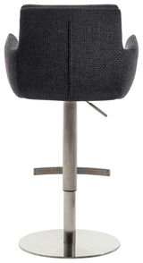 Rückansicht eines Barstuhls mit Armlehnen, schwarzer Stoffbezug und verchromter Standfuß.