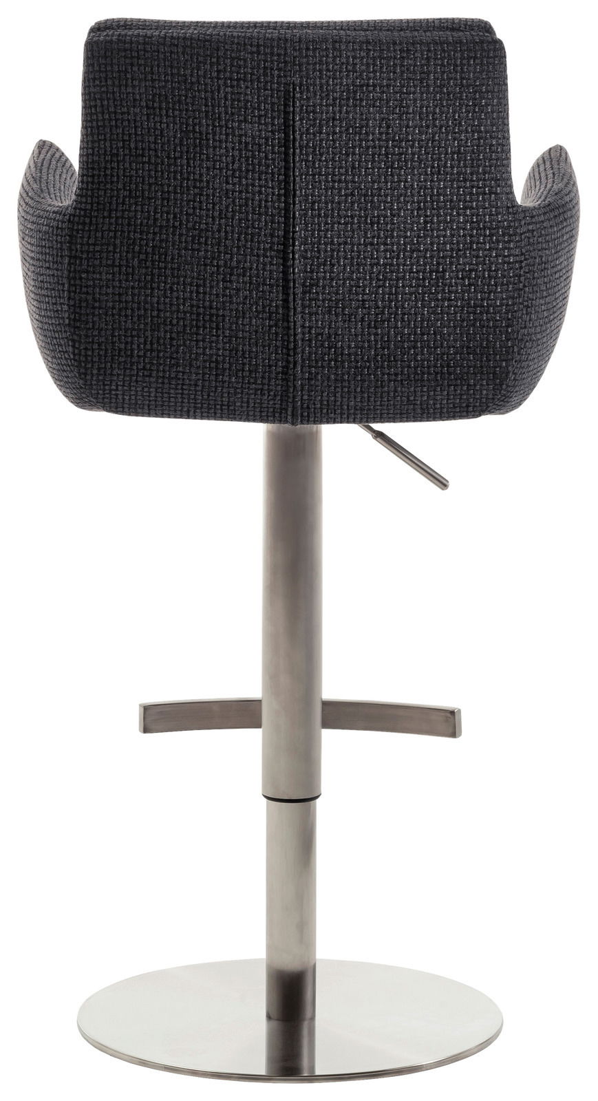 Rückansicht eines Barstuhls mit Armlehnen, schwarzer Stoffbezug und verchromter Standfuß.