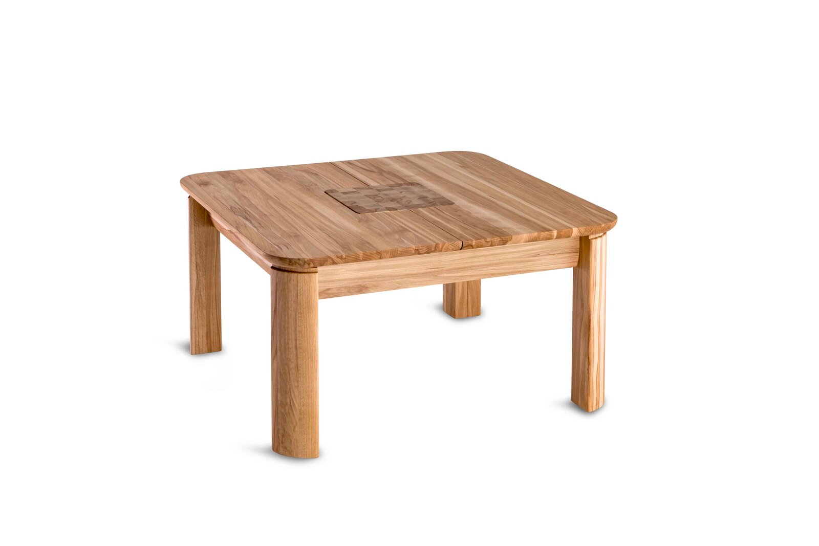 Holz-Couchtisch mit quadratischer Tischplatte und abgerundeten Ecken, aus seitlicher Perspektive fotografiert