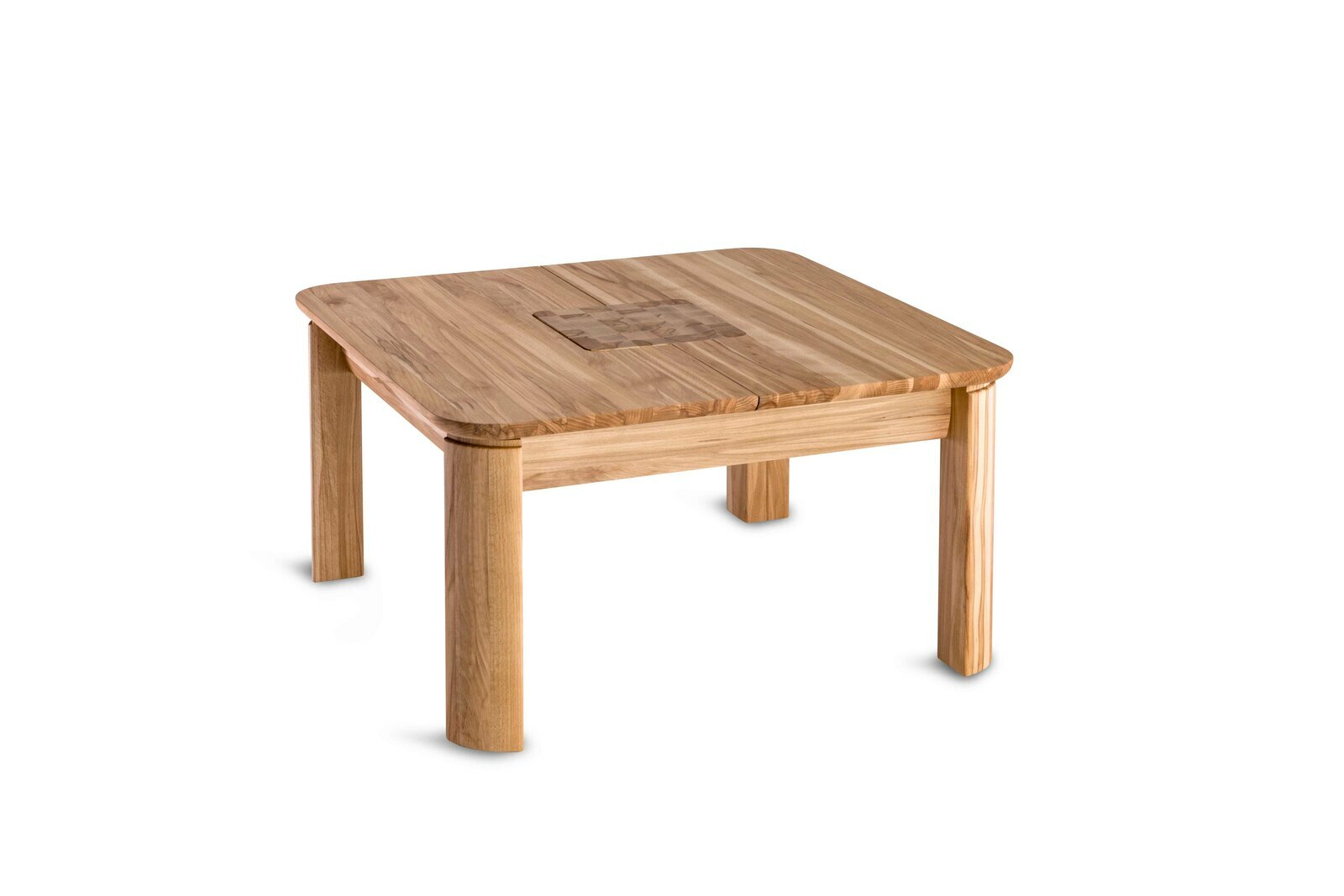 Holz-Couchtisch mit quadratischer Tischplatte und abgerundeten Ecken, aus seitlicher Perspektive fotografiert