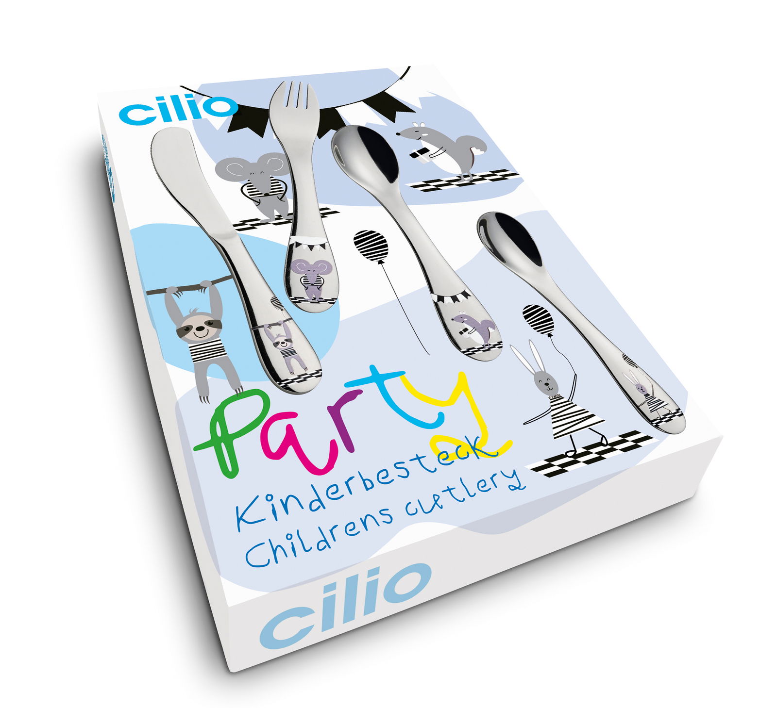 Kinderbesteck PARTY 4-tlg. von Cilio, bestehend aus Messer, Gabel, Löffel und Teelöffel mit Tiermotiven, in einer schrägen Perspektive präsentiert.