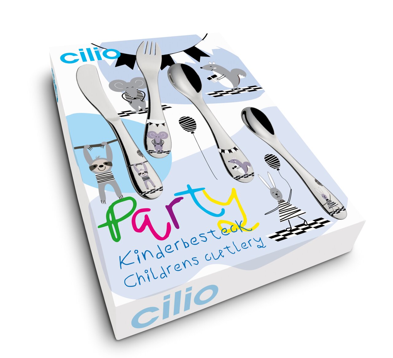 Kinderbesteck PARTY 4-tlg. von Cilio, bestehend aus Messer, Gabel, Löffel und Teelöffel mit Tiermotiven, in einer schrägen Perspektive präsentiert.