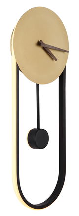 Moderne Wanduhr SUSSY mit goldener Scheibe und schwarzem Pendel, seitliche Perspektive