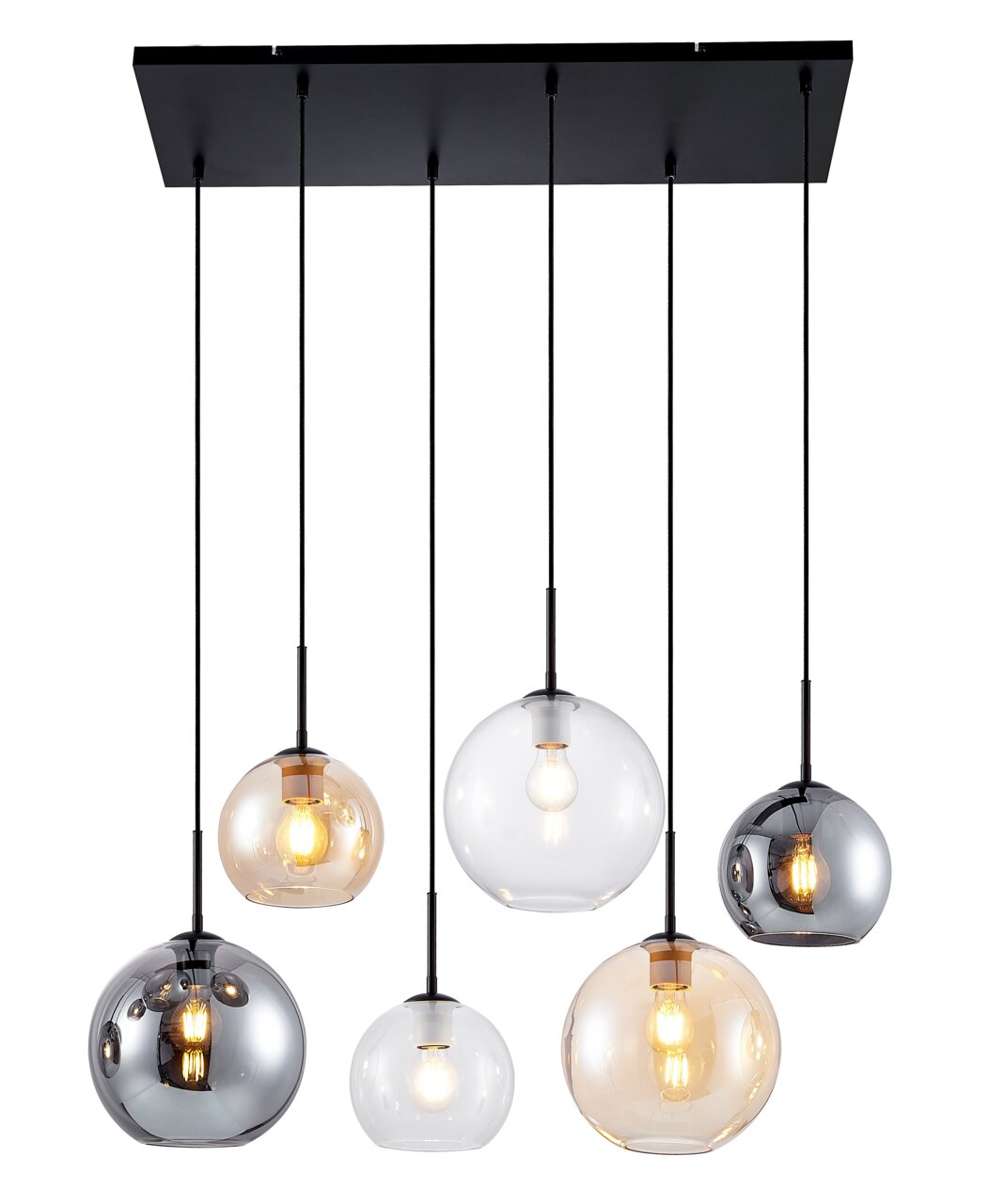 Moderne Hängeleuchte mit fünf kugelförmigen Lampenschirmen in verschiedenen Farben, von unten betrachtet.