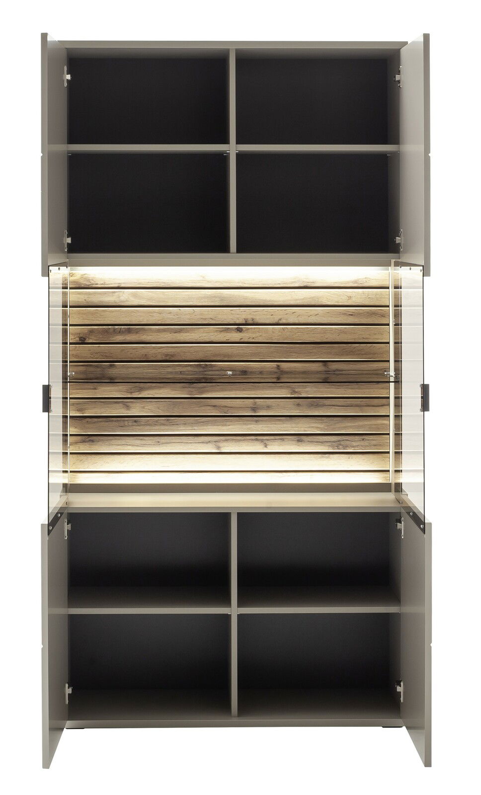 Kombi-Vitrine mit offenen Türen, Holzrückwand und integrierter Beleuchtung, frontale Ansicht