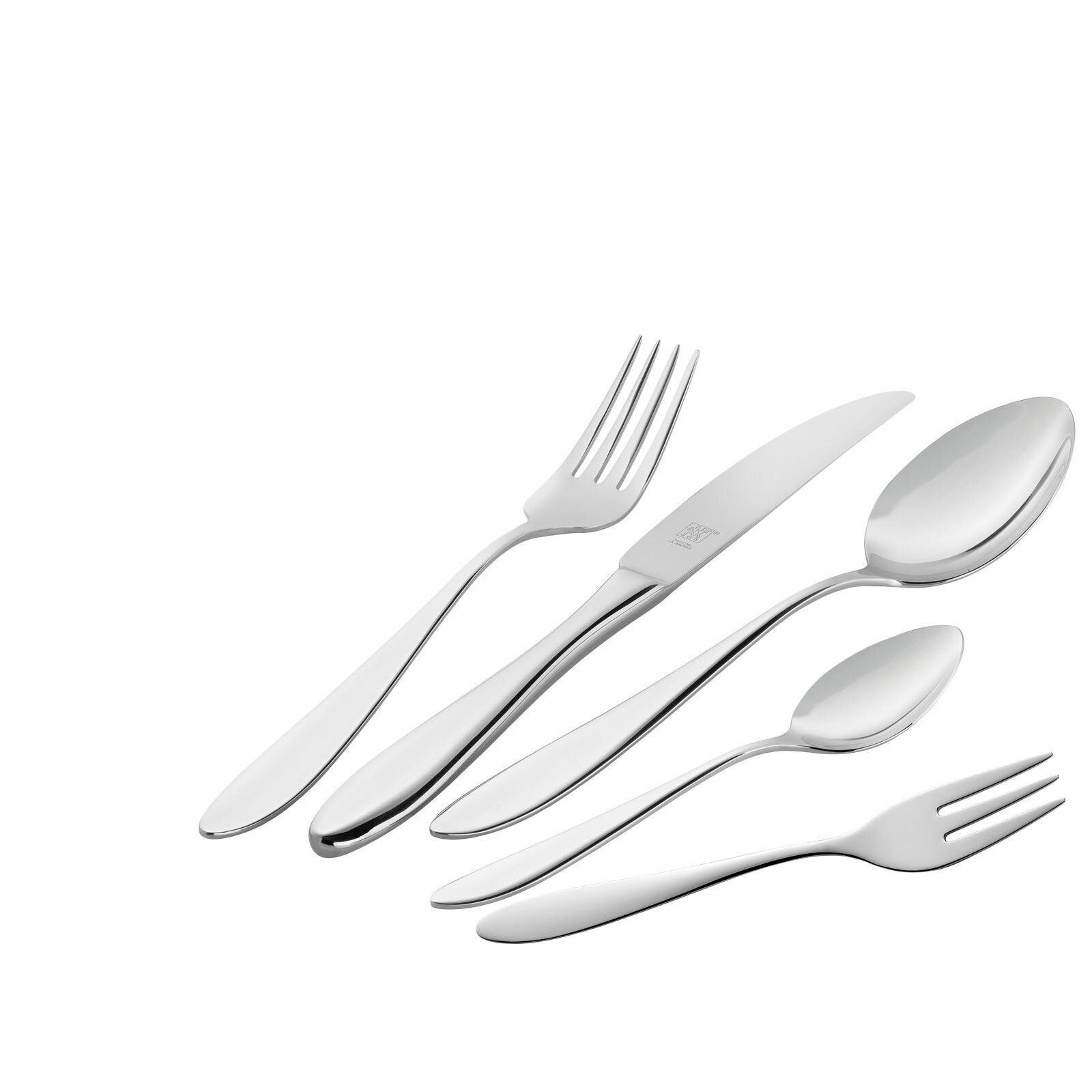 Elegantes Besteckset Beverly 60-tlg. aus Edelstahl, bestehend aus Messer, Gabel, Löffel, Teelöffel und Kuchengabel, in seitlicher Perspektive.