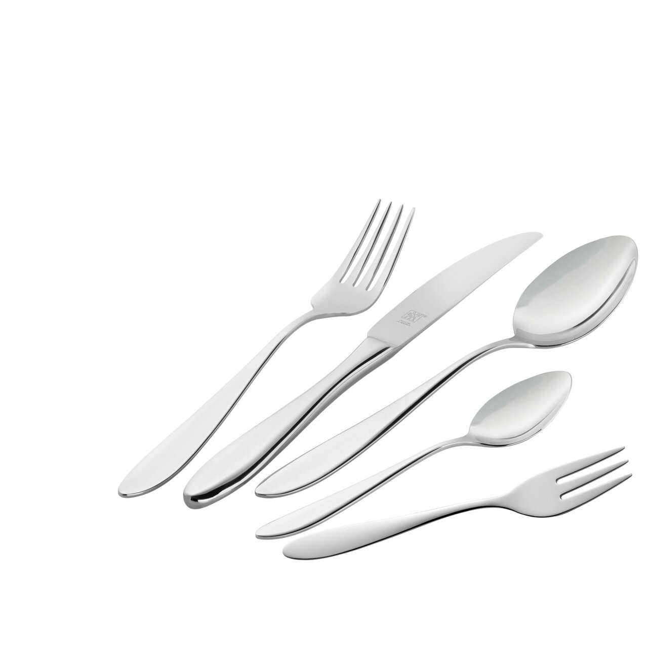 Elegantes Besteckset Beverly 60-tlg. aus Edelstahl, bestehend aus Messer, Gabel, Löffel, Teelöffel und Kuchengabel, in seitlicher Perspektive.