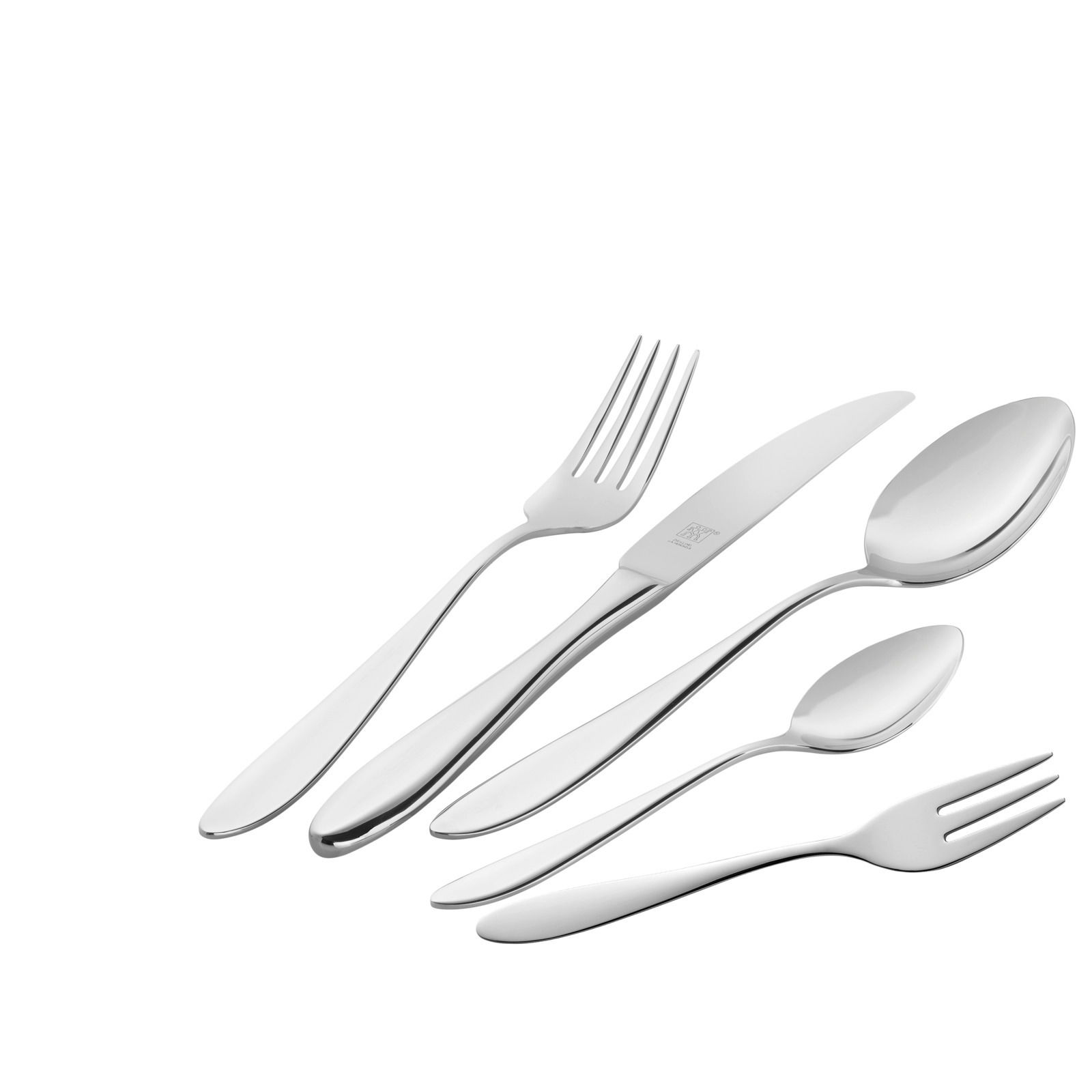 Elegantes Besteckset Beverly 60-tlg. aus Edelstahl, bestehend aus Messer, Gabel, Löffel, Teelöffel und Kuchengabel, in seitlicher Perspektive.