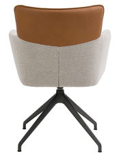 Rückansicht eines Sessels mit brauner Rückenlehne und hellem Stoffbezug, auf schwarzem Metallgestell.