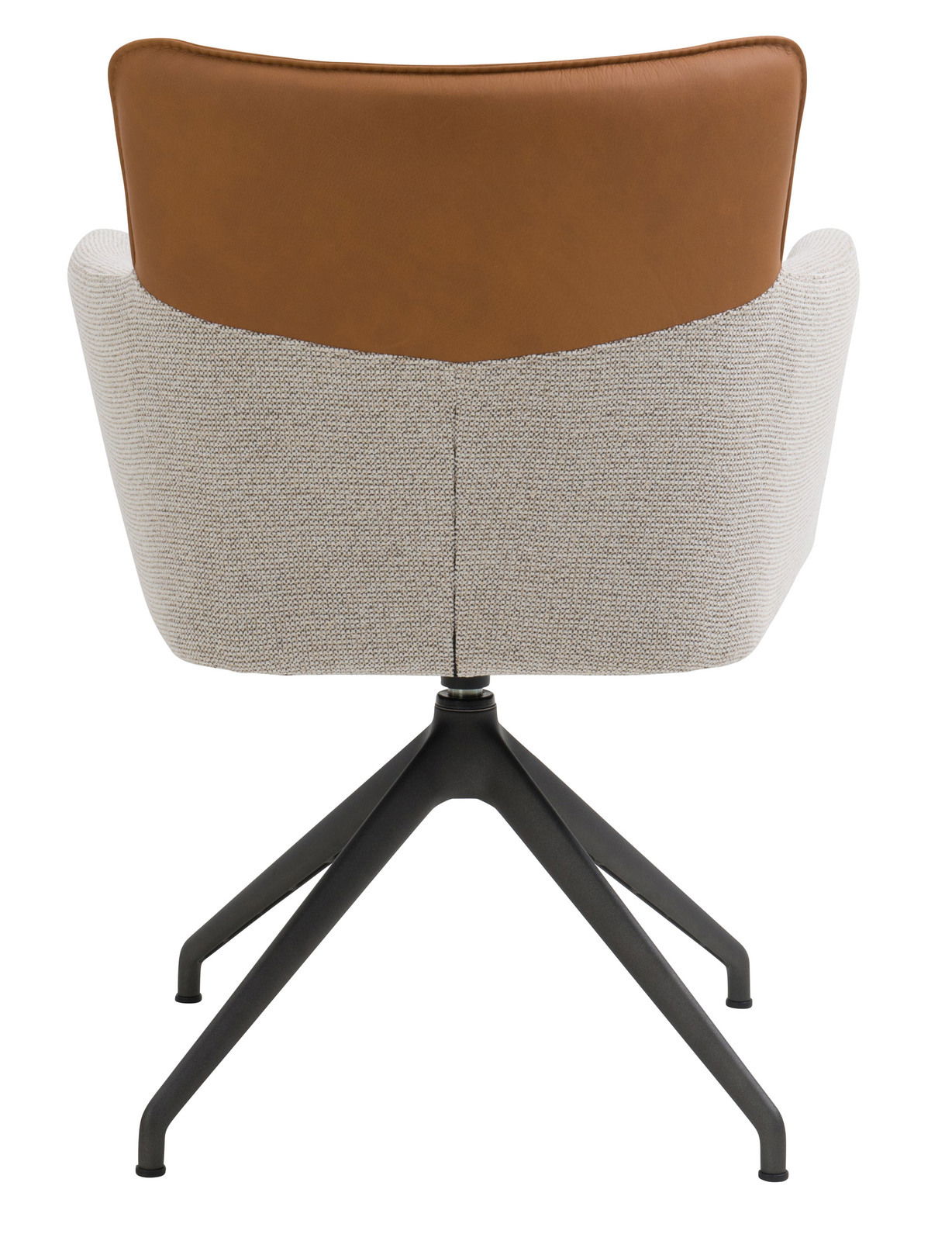 Rückansicht eines Sessels mit brauner Rückenlehne und hellem Stoffbezug, auf schwarzem Metallgestell.