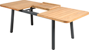 Gartenausziehtisch aus Holz mit Metallbeinen, seitliche Perspektive