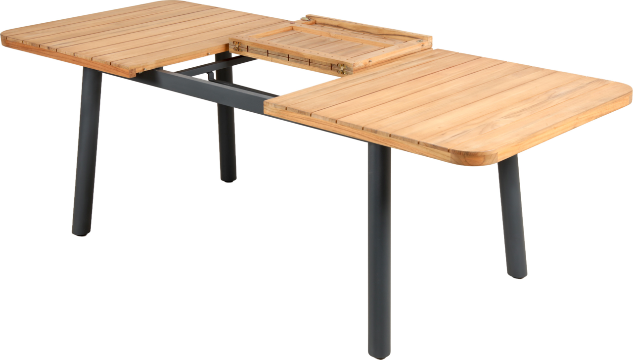 Gartenausziehtisch aus Holz mit Metallbeinen, seitliche Perspektive