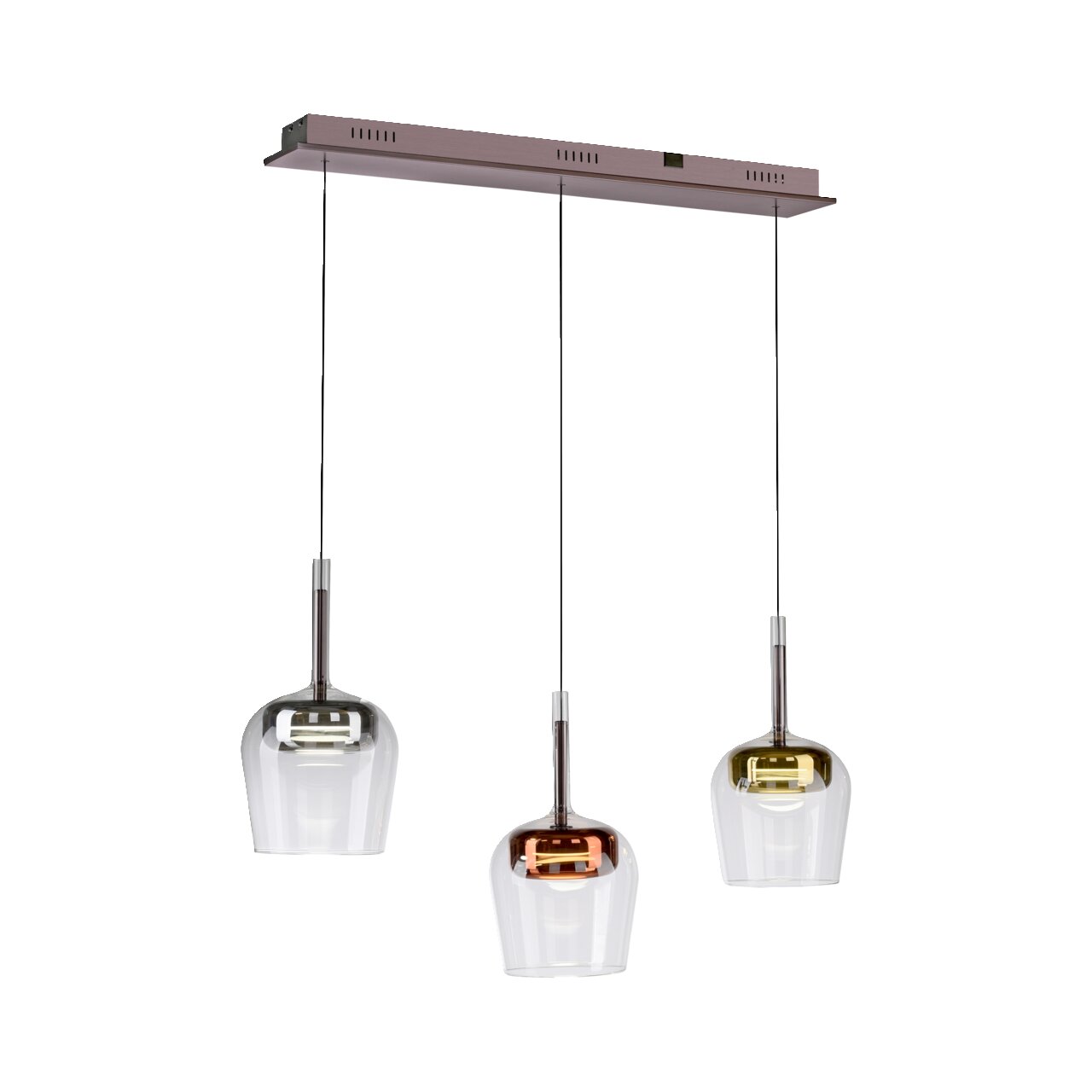 Moderne Pendelleuchte Q-KON mit drei hängenden Glaskörpern in verschiedenen Farben, seitliche Perspektive.